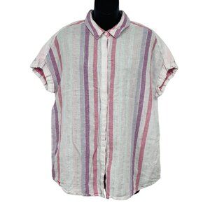Beach Lunch Lounge Pink Purple Stripe Linen Cotton Short Sleeve Shirt Medium M